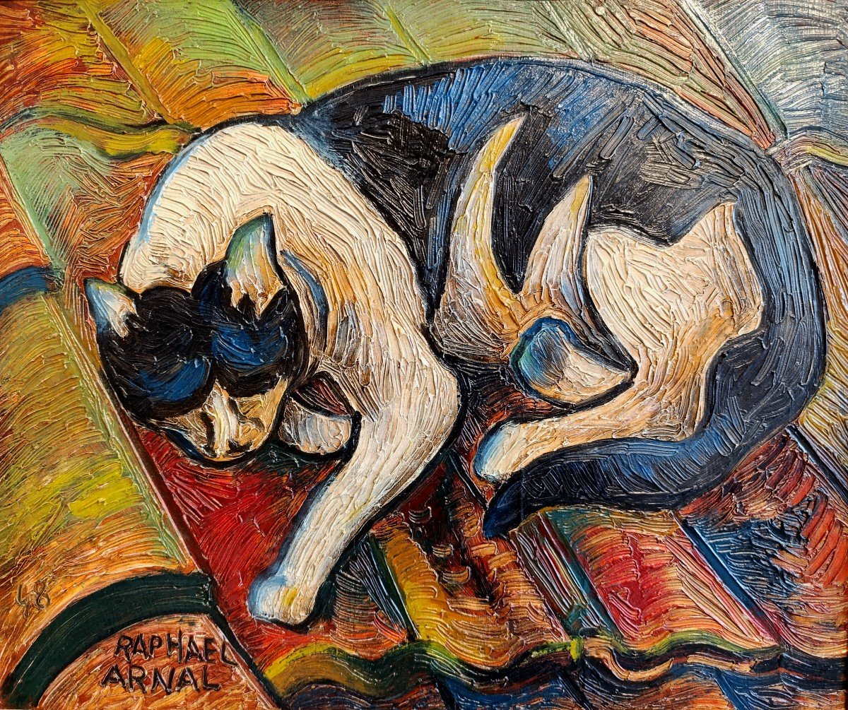 Raphael Arnal (1906-1963), The Cat On The Roof, Oil On Cardboard Signed, Framed
