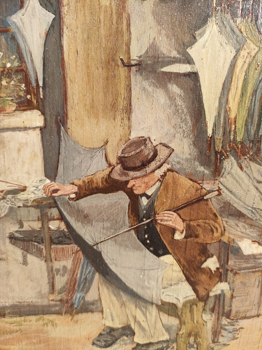French School (20th Century), The Umbrella Seller, Oil On Panel-photo-3