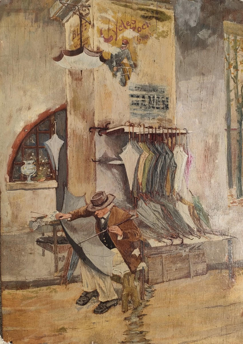 French School (20th Century), The Umbrella Seller, Oil On Panel-photo-1