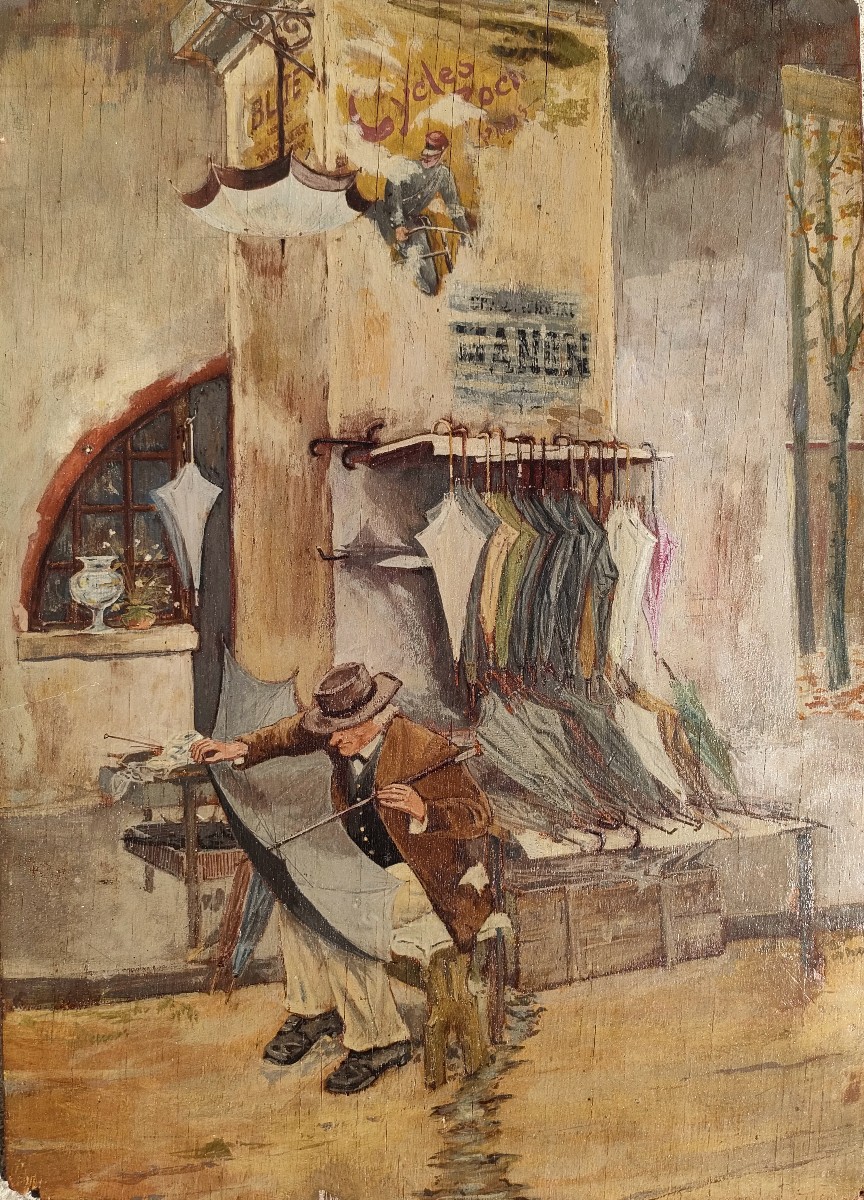 French School (20th Century), The Umbrella Seller, Oil On Panel