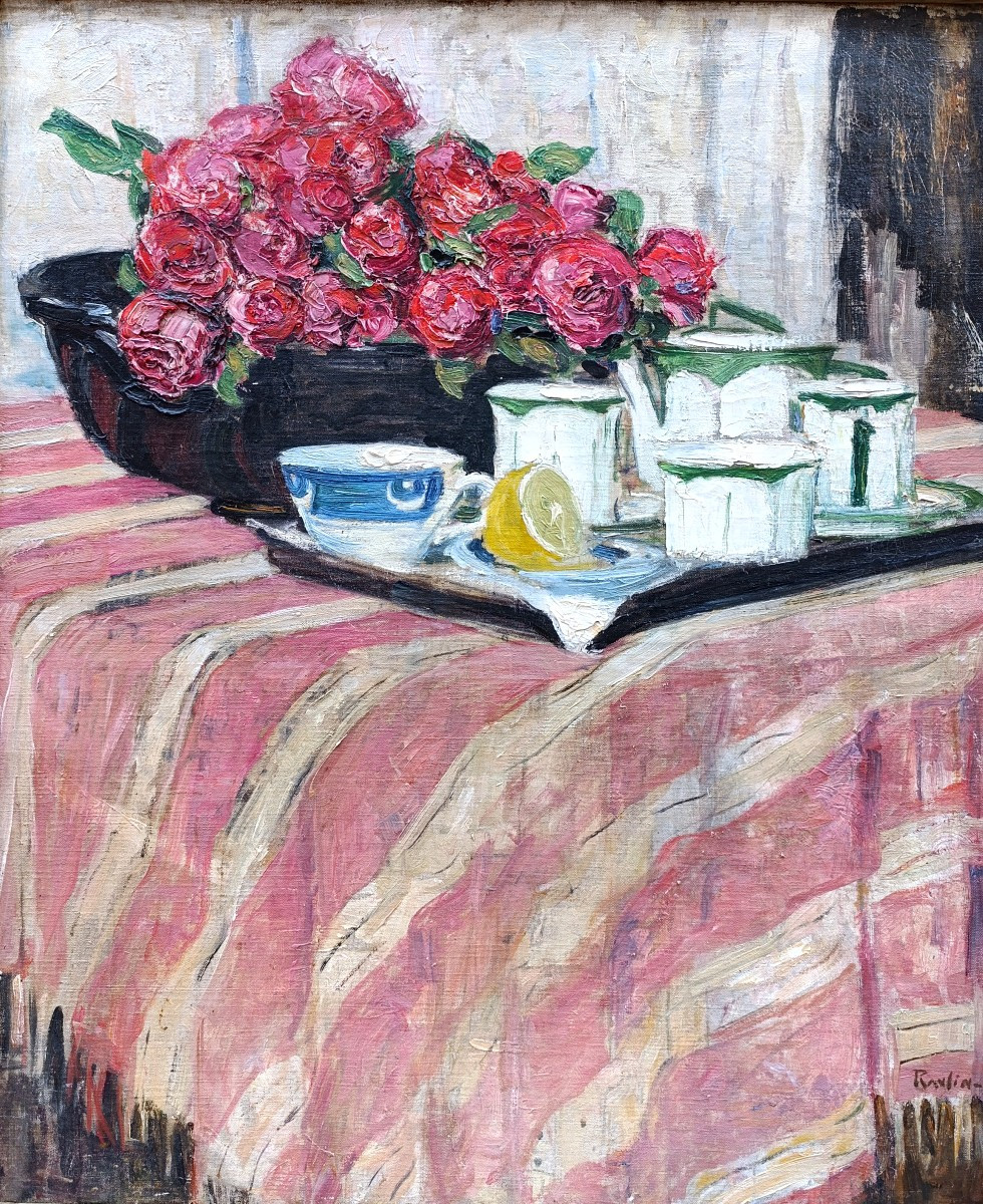 Grace Ravlin (1873-1956), Tea And Roses, Oil On Canvas Signed, Framed