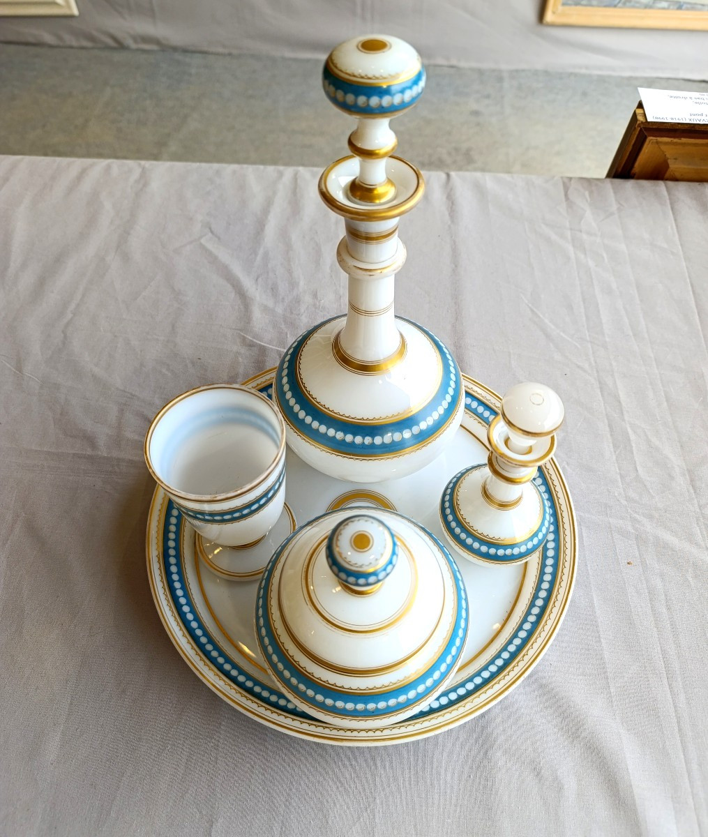 White Opaline Water Glass With Napoleon III, Blue And Gold Decor, Restored Tray