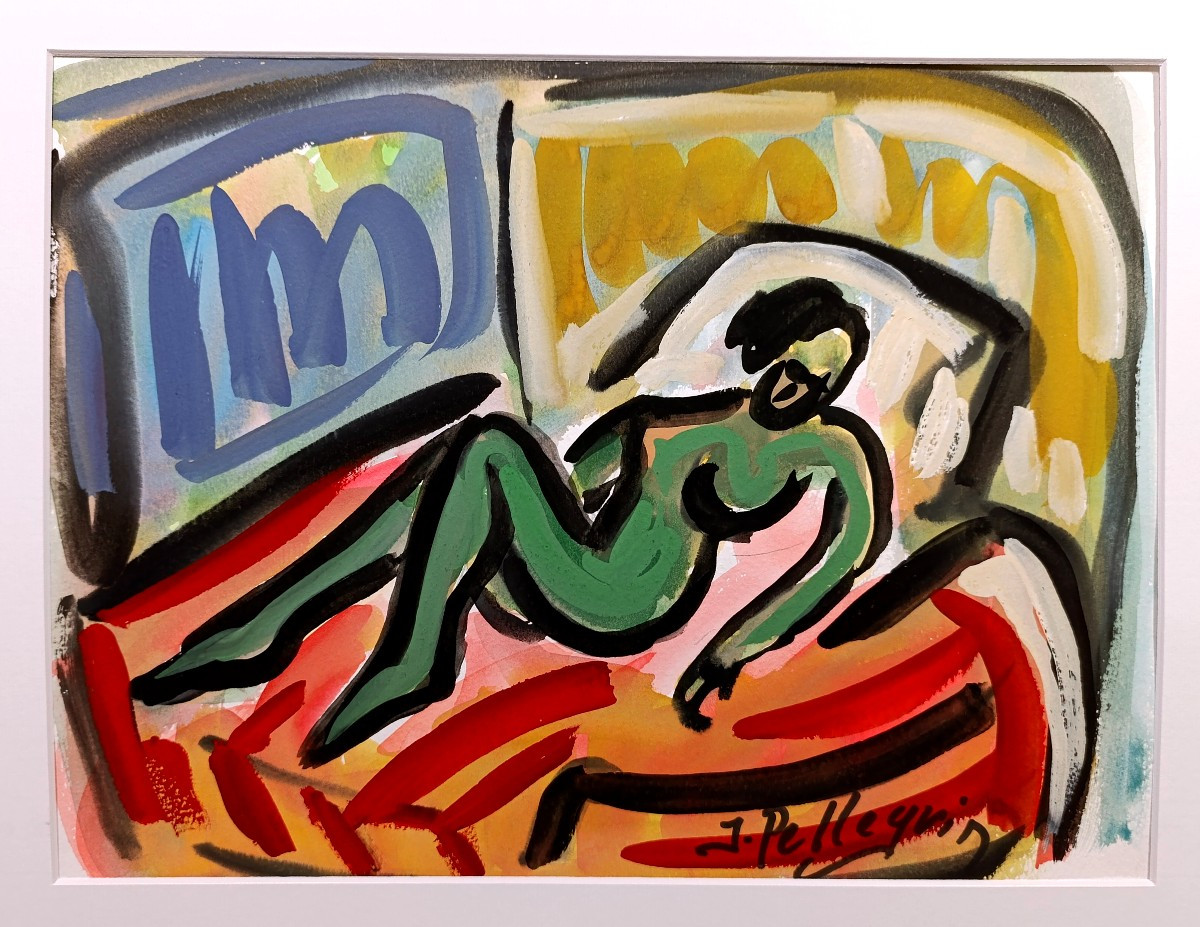 Jacques Pellegrin (1944-2021), Nu allongé, aquarelle et gouache sur papier, Signée