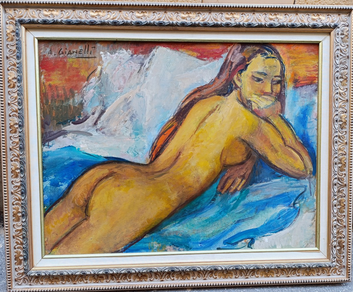A. Gianelli (1896-1983), Large Reclining Nude, Oil On Panel Signed On The Left, Framed-photo-2