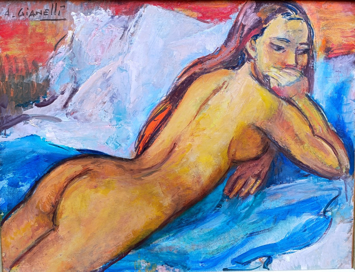 A. Gianelli (1896-1983), Large Reclining Nude, Oil On Panel Signed On The Left, Framed
