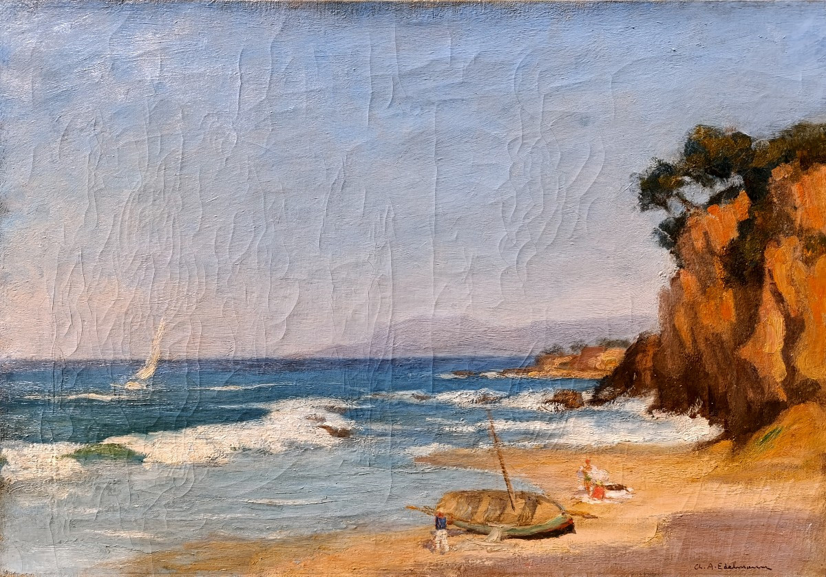 Ch. A. Edelmann (1879-1950), The Beach At Carqueiranne, Oil On Canvas Signed, Framed