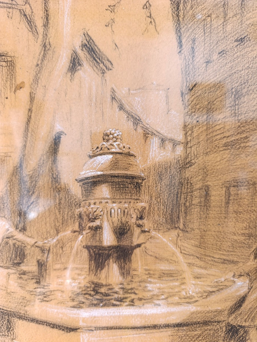 Edouard PANNETIER (1884-1965), Dessin Fusain papier, Fontaine des 3 Ormeaux, Aix, signé,encadré-photo-2