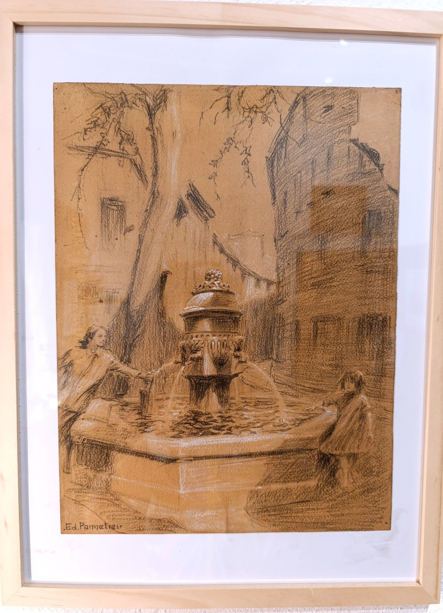 Edouard PANNETIER (1884-1965), Dessin Fusain papier, Fontaine des 3 Ormeaux, Aix, signé,encadré-photo-4