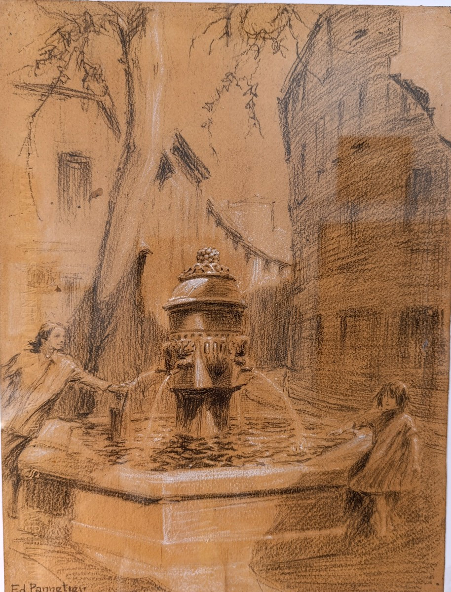 Edouard PANNETIER (1884-1965), Dessin Fusain papier, Fontaine des 3 Ormeaux, Aix, signé,encadré