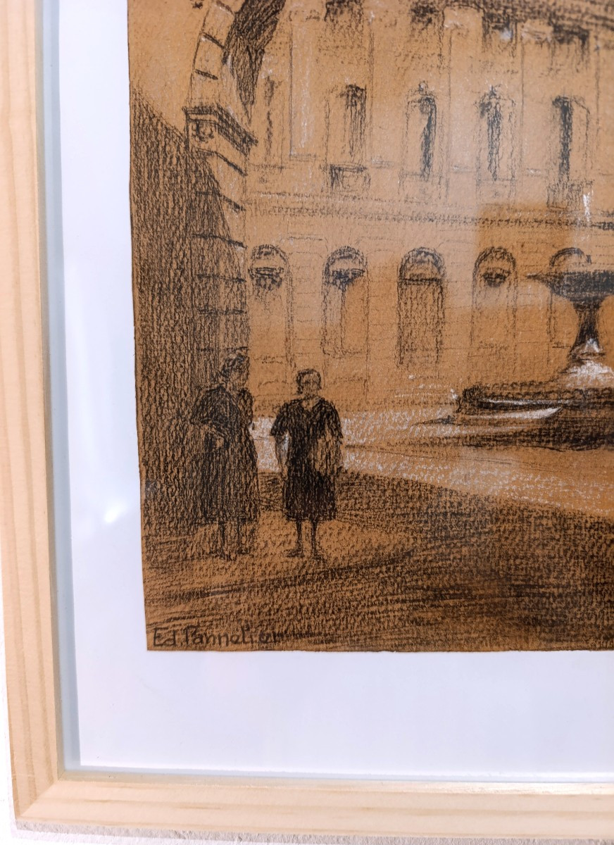 Edouard PANNETIER (1884-1965), Dessin Fusain sur papier, Place d'Albertas, Aix, signé, encadré-photo-2