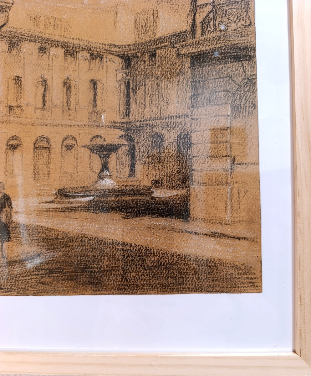 Edouard PANNETIER (1884-1965), Dessin Fusain sur papier, Place d'Albertas, Aix, signé, encadré-photo-3