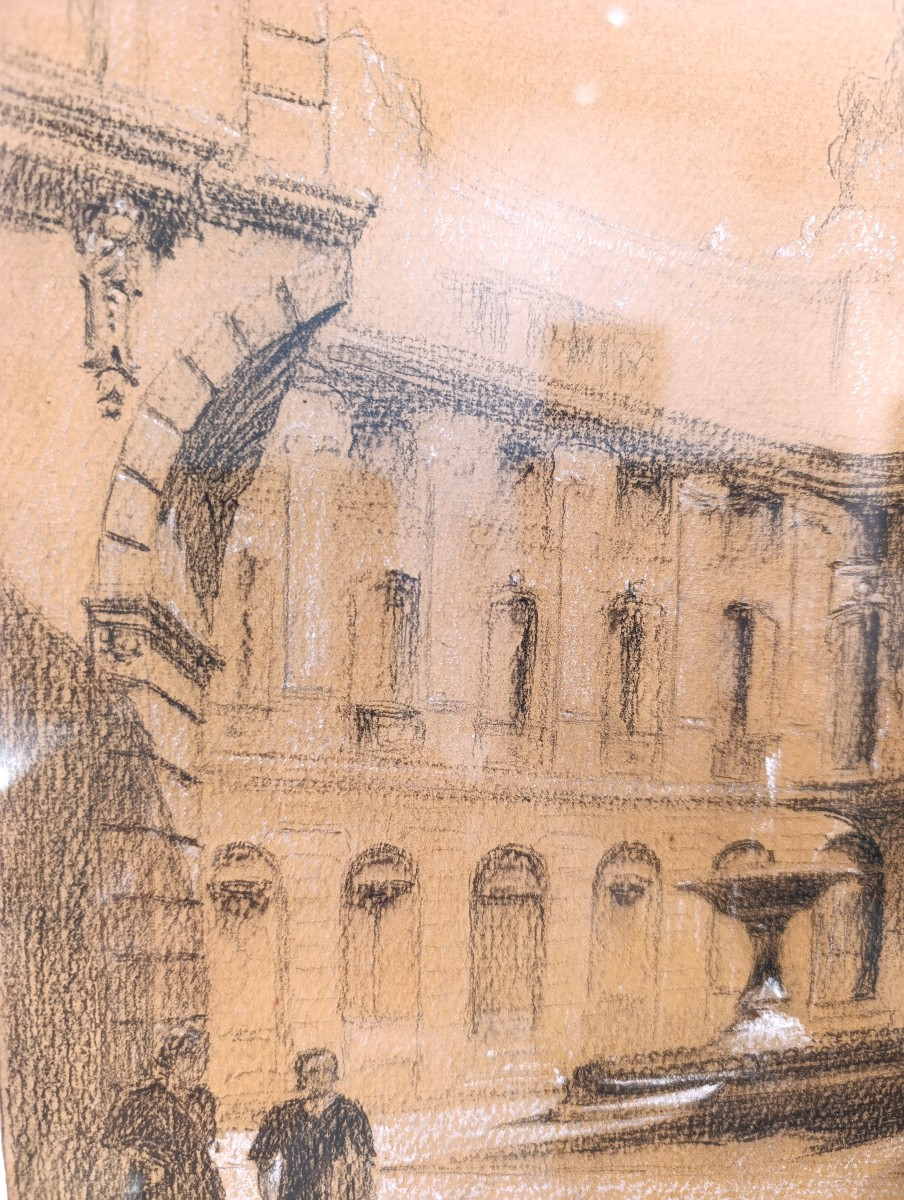 Edouard PANNETIER (1884-1965), Dessin Fusain sur papier, Place d'Albertas, Aix, signé, encadré-photo-4