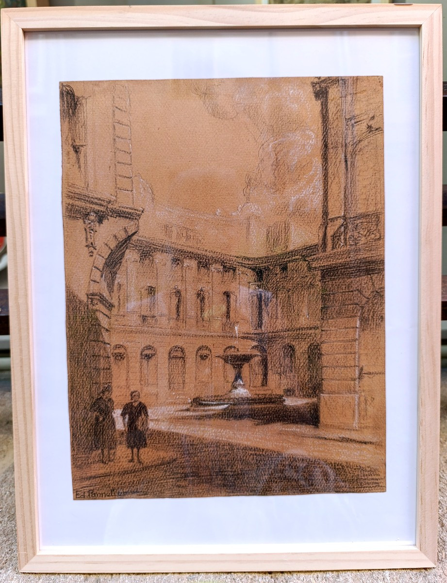 Edouard PANNETIER (1884-1965), Dessin Fusain sur papier, Place d'Albertas, Aix, signé, encadré-photo-1