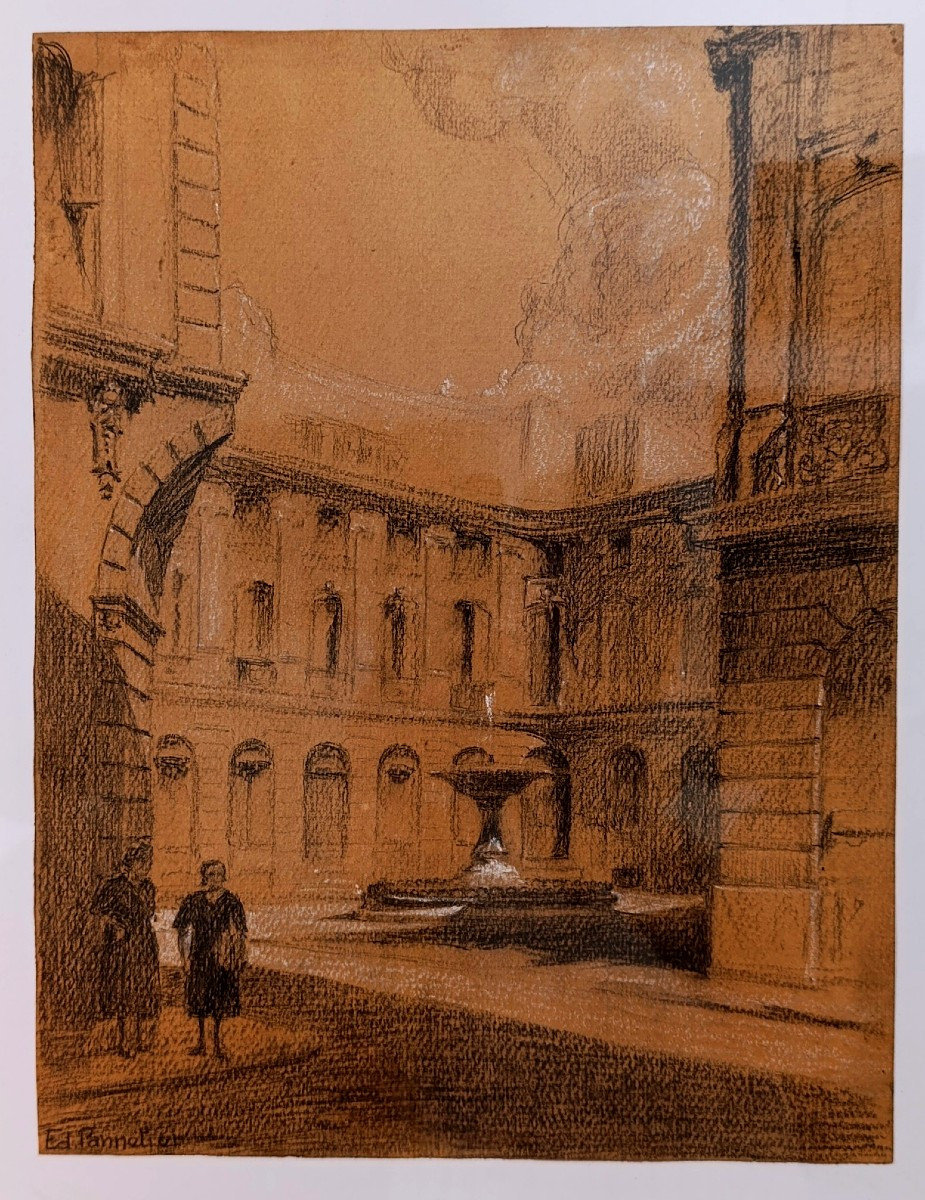 Edouard PANNETIER (1884-1965), Dessin Fusain sur papier, Place d'Albertas, Aix, signé, encadré