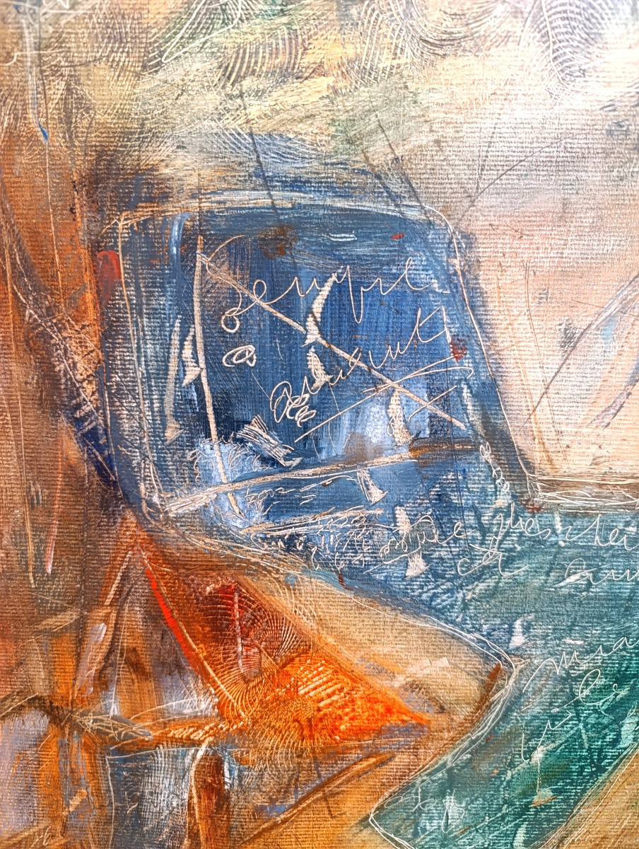 Ecole moderne XXème, Composition abstraite, huile sur carton, encadrée-photo-2