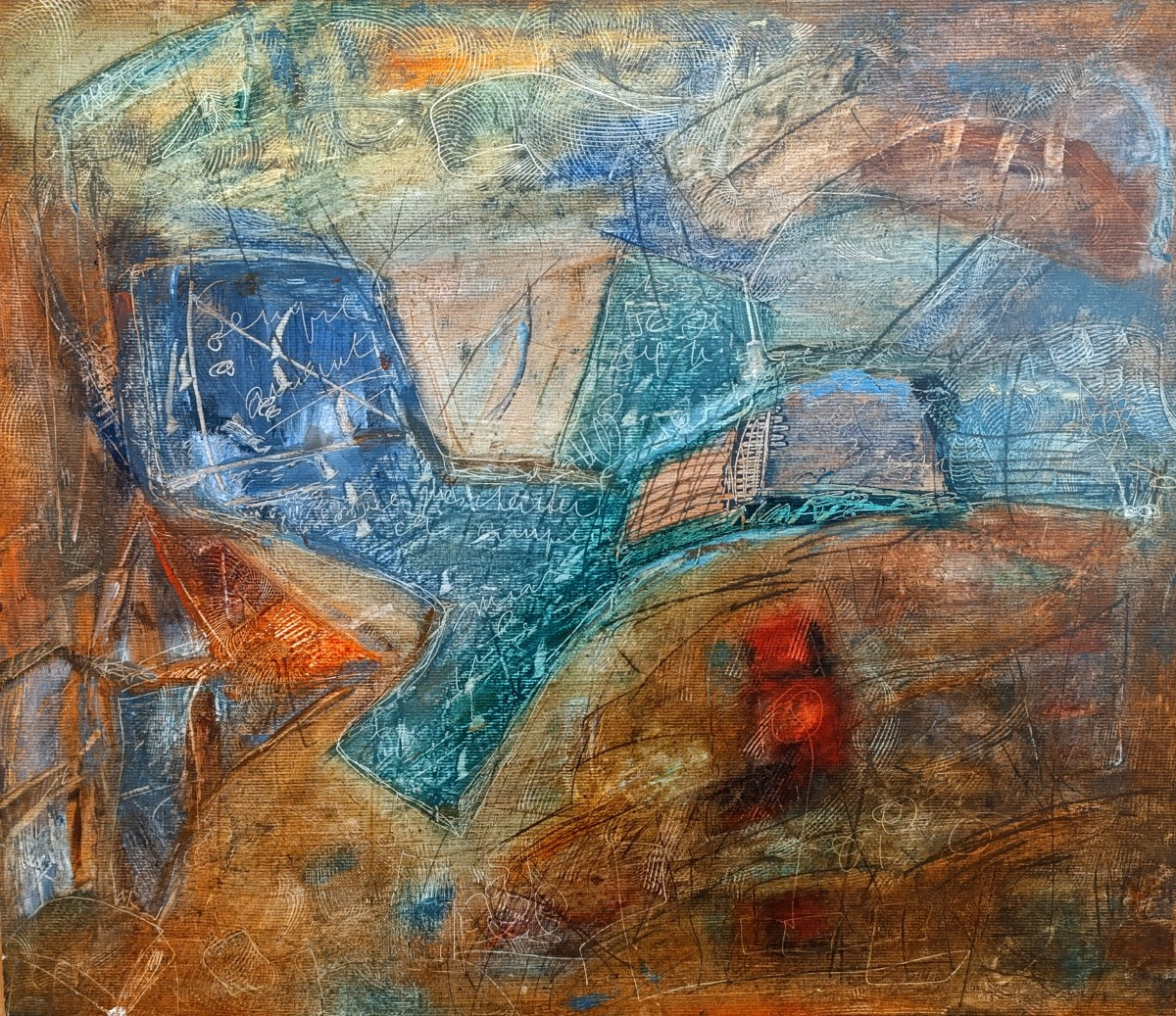 Ecole moderne XXème, Composition abstraite, huile sur carton, encadrée