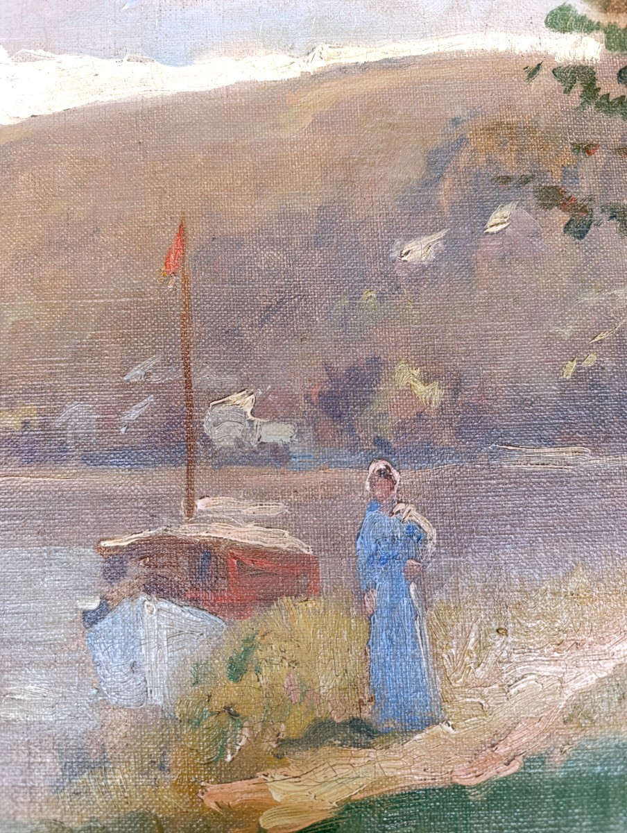 Ecole Française XXème, Promenade au lac, huile sur toile-photo-2