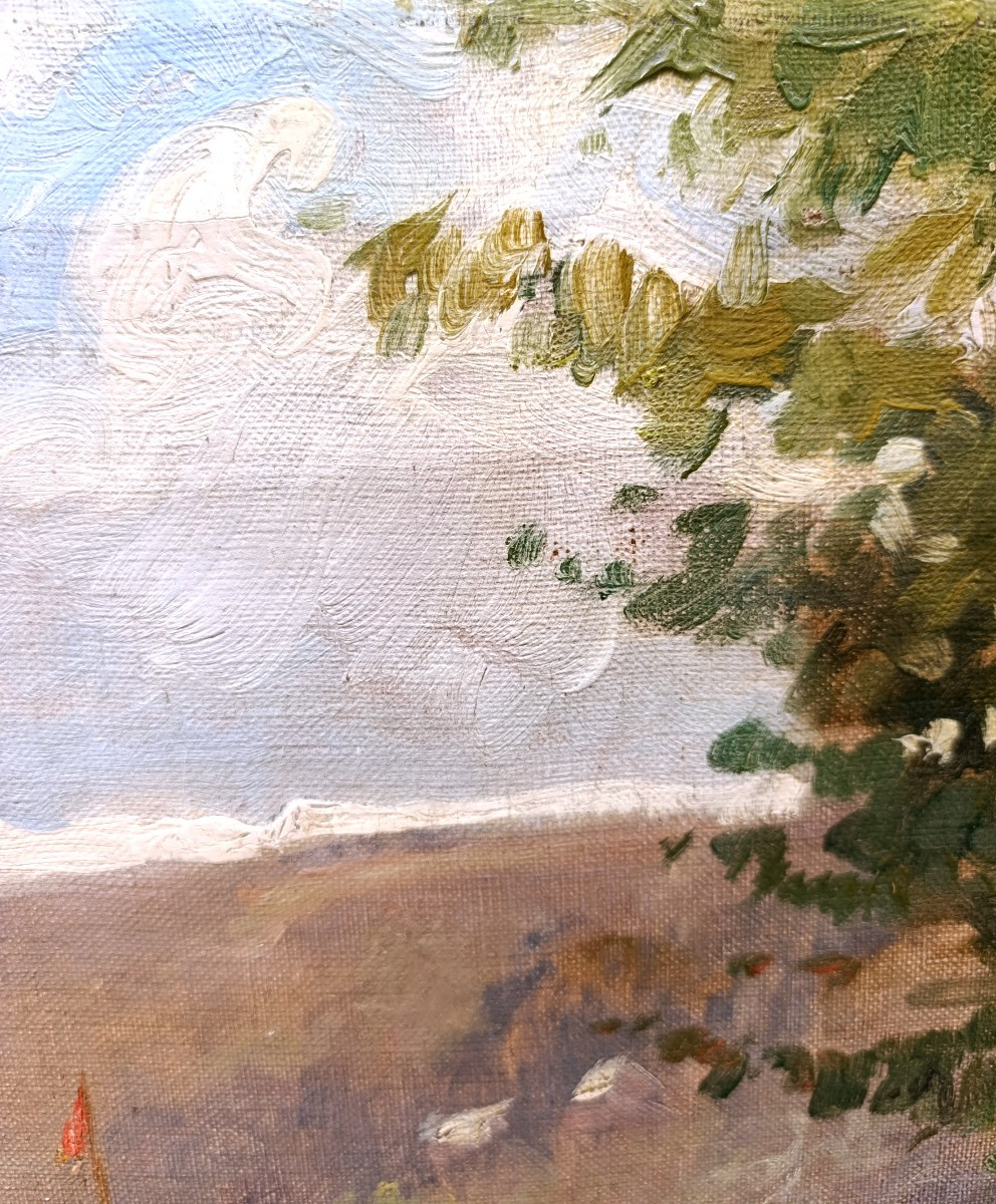 Ecole Française XXème, Promenade au lac, huile sur toile-photo-2