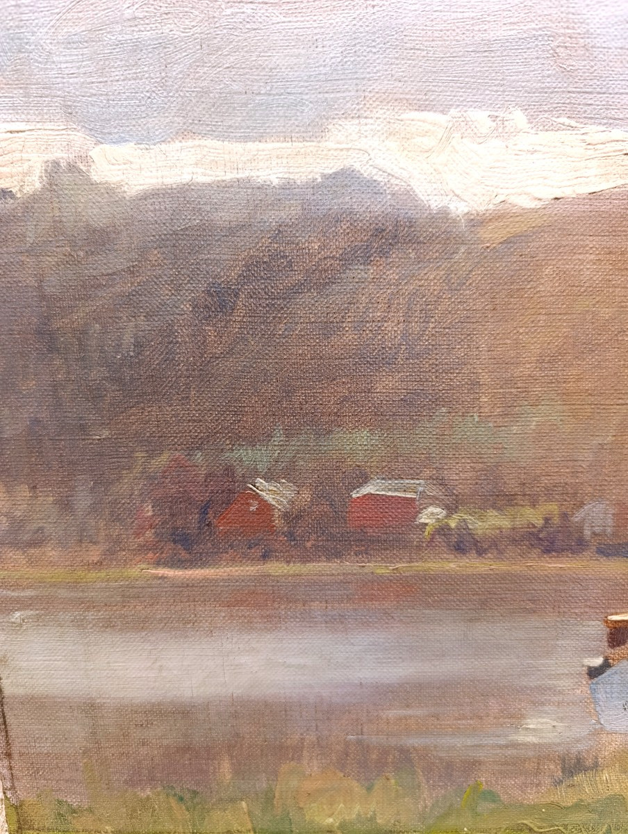 Ecole Française XXème, Promenade au lac, huile sur toile-photo-3