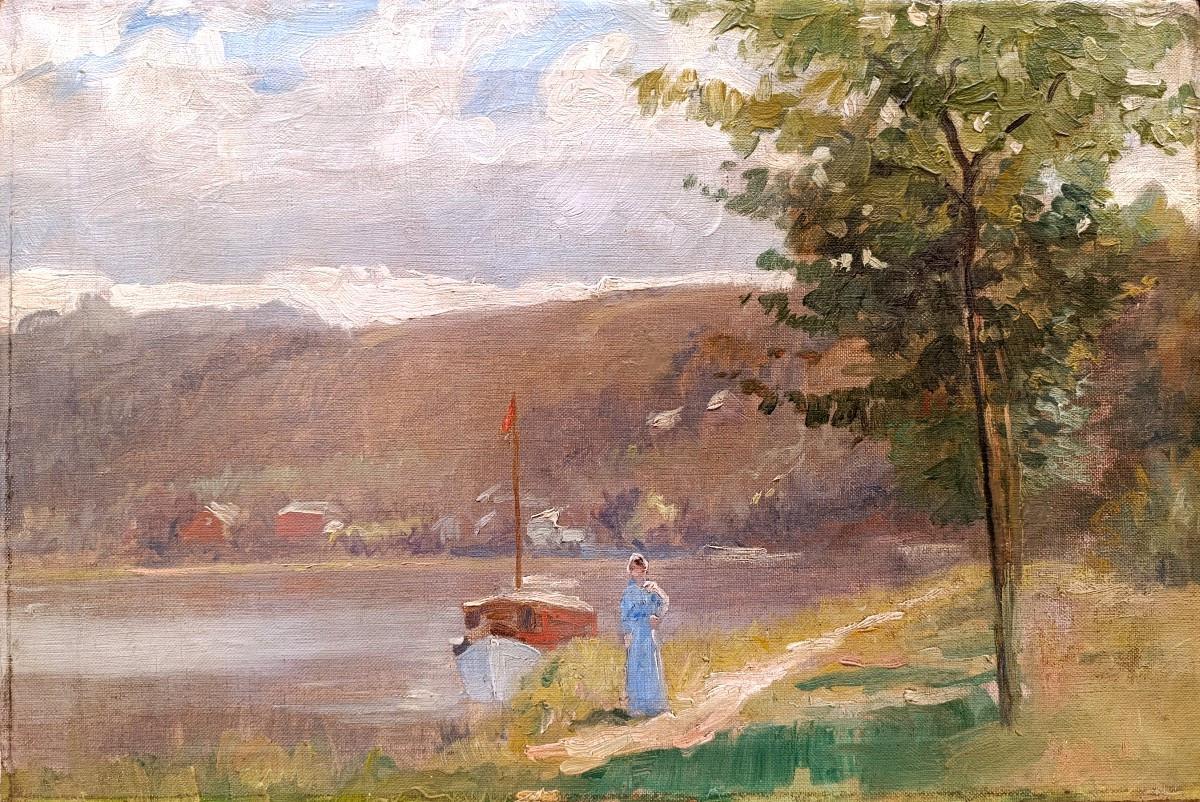 Ecole Française XXème, Promenade au lac, huile sur toile