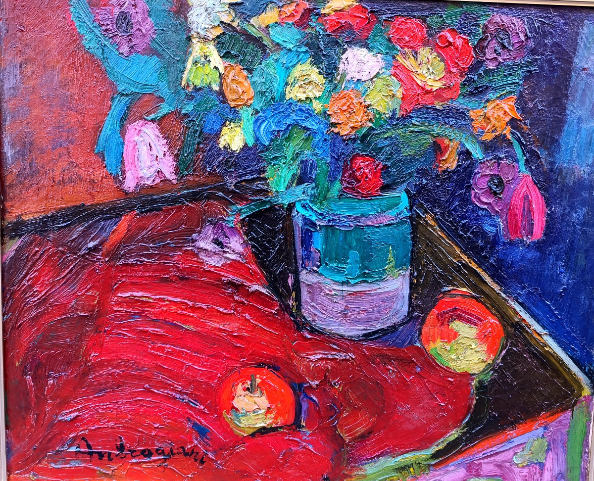 Pierre Ambrogiani (1907-1985), Nature morte au bouquet, Huile Sur Toile Signée, encadrée