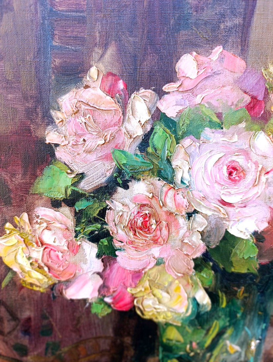 Ecole française XXème, Bouquet de roses, huile sur toile, années 30/40, encadrée-photo-2
