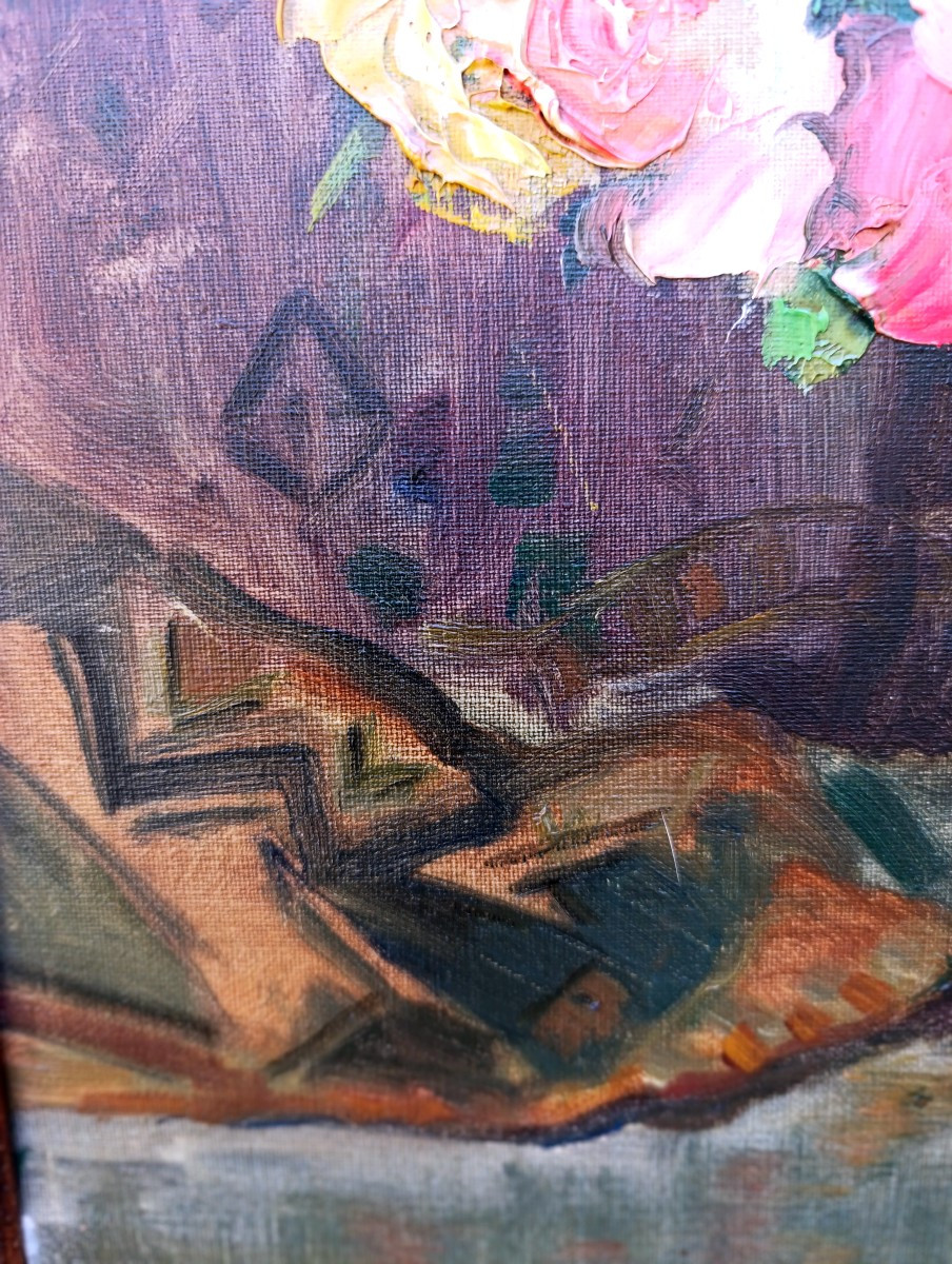 Ecole française XXème, Bouquet de roses, huile sur toile, années 30/40, encadrée-photo-4