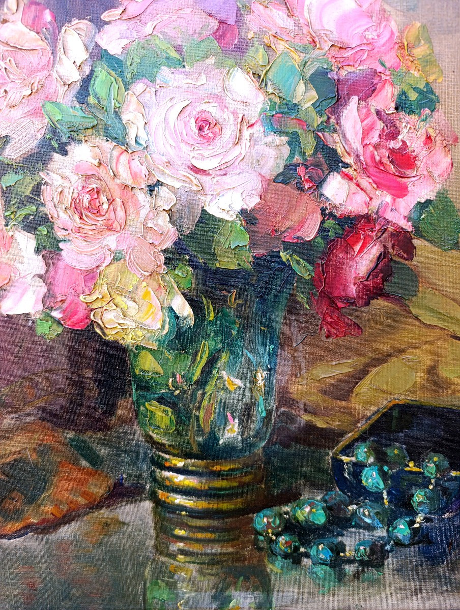 Ecole française XXème, Bouquet de roses, huile sur toile, années 30/40, encadrée-photo-2