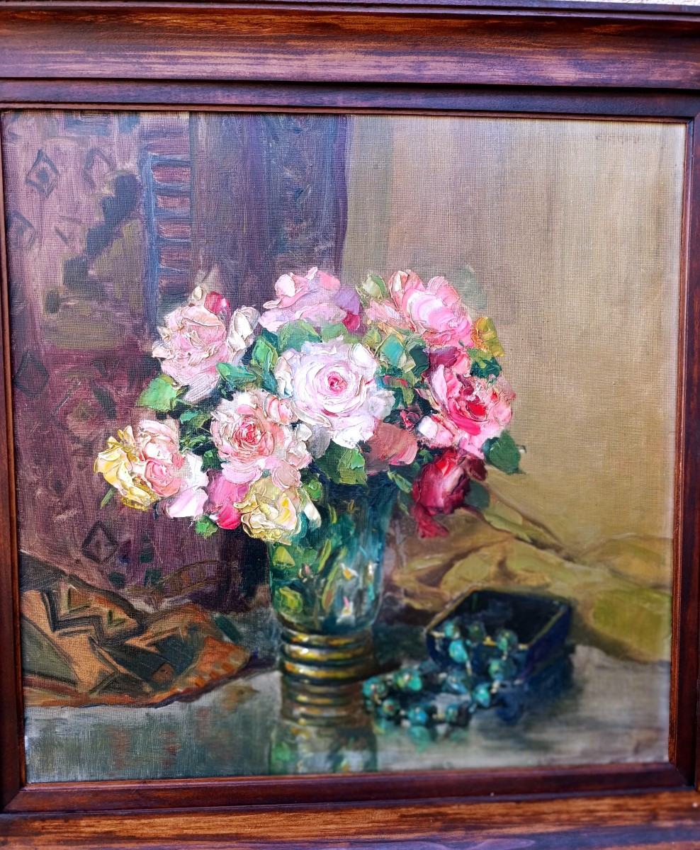 Ecole française XXème, Bouquet de roses, huile sur toile, années 30/40, encadrée-photo-3