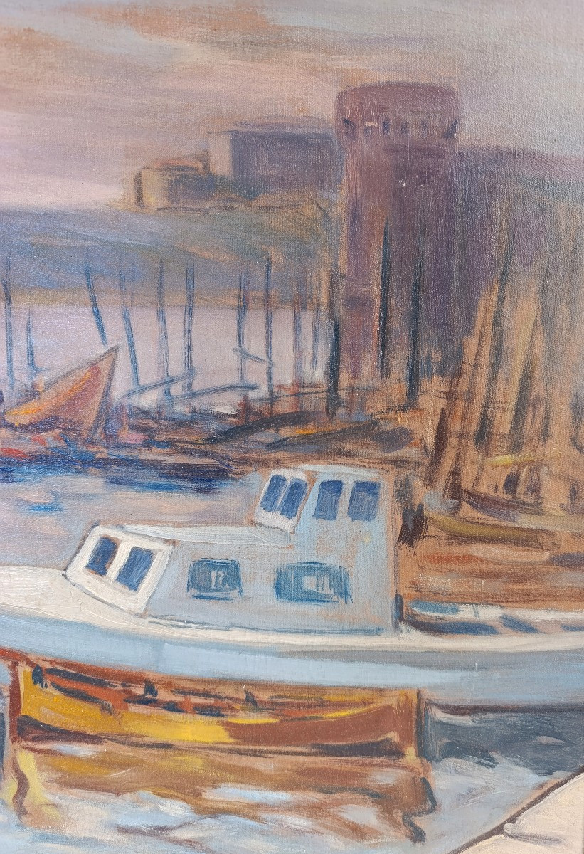 Jean GUINDON (1883-1975), La sortie du port de Marseille, Huile sur toile signée, encadrée-photo-2