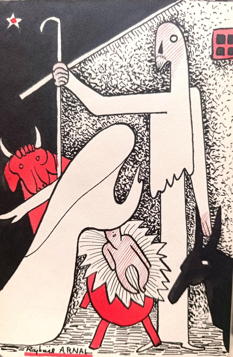 Raphael Arnal (1906-1963), la creche, Encres Sur Papier Signée, 1932, Encadrée