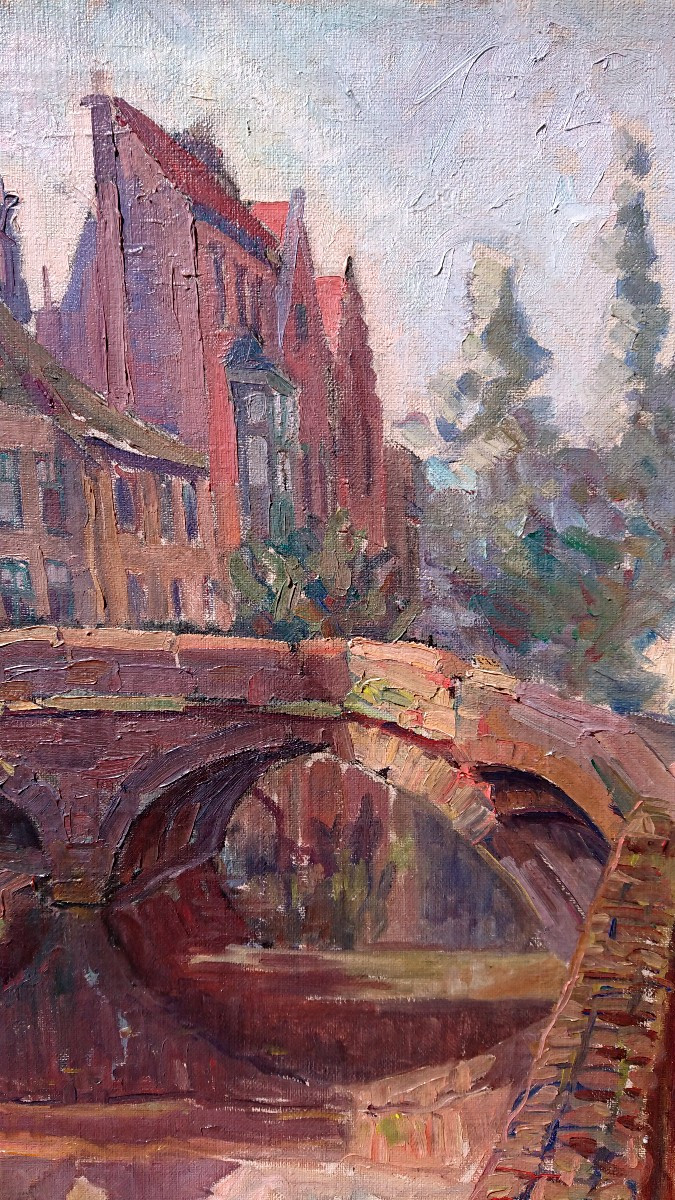 P. Froidevaux, (1918-1998), Bruges, The Flemish Bridge, Oil On Canvas, Signed, Dated 1936, Framed-photo-1