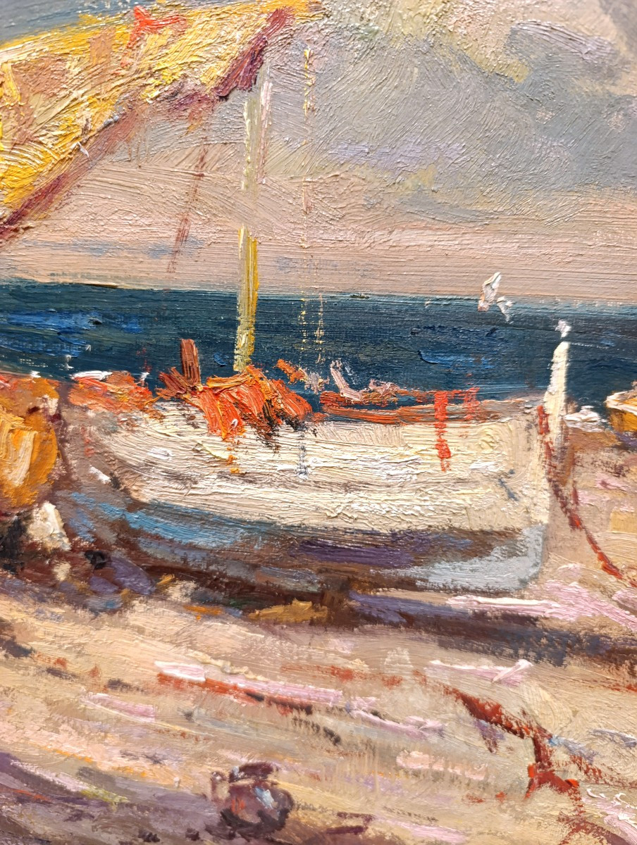 Maurice SANTOS (XXème), La voile jaune, huile sur toile signée à gauche-photo-3