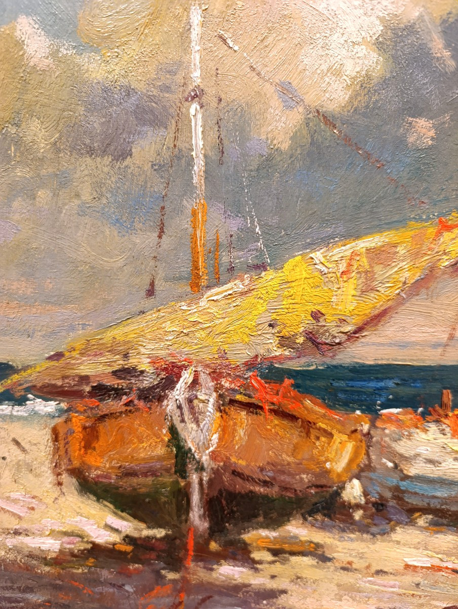 Maurice SANTOS (XXème), La voile jaune, huile sur toile signée à gauche-photo-4