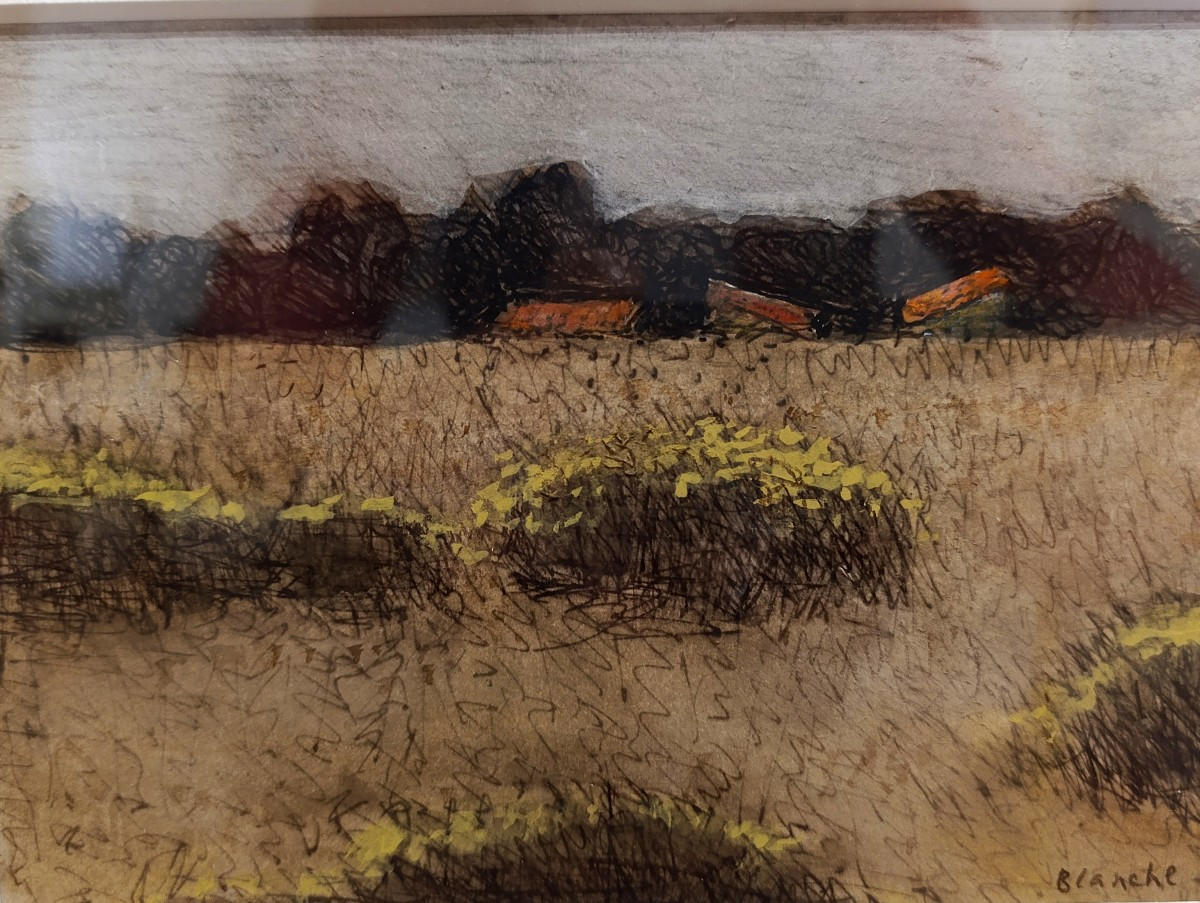 Jean-pierre Blanche (1927-2022), Rooftops In The Fields, Pastel On Paper, Signed, Framed