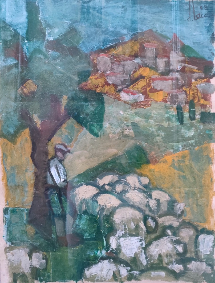 D. Leca (xxème), Le Berger Et Son Troupeau, Huile Sur Papier, Signée, Datée 68
