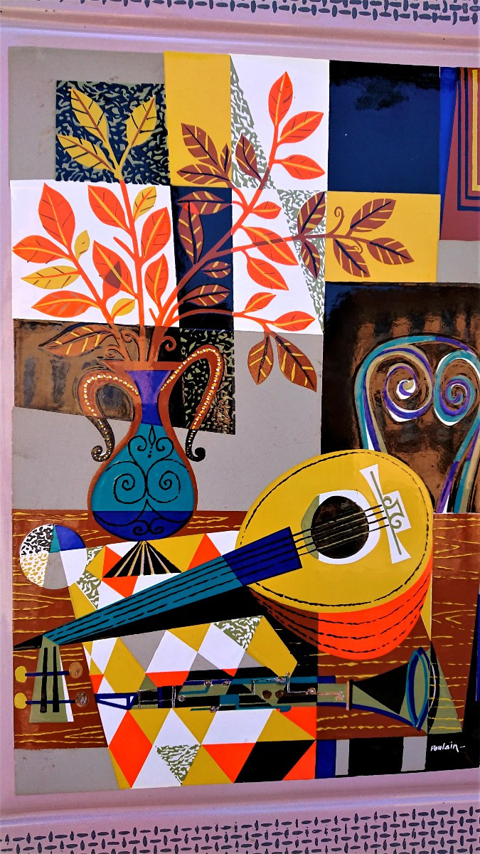 J. Poulain (20th Century), Enamelled Sheet Metal Plaque, Post-cubist, 1958, Nehaus, With Stand-photo-4