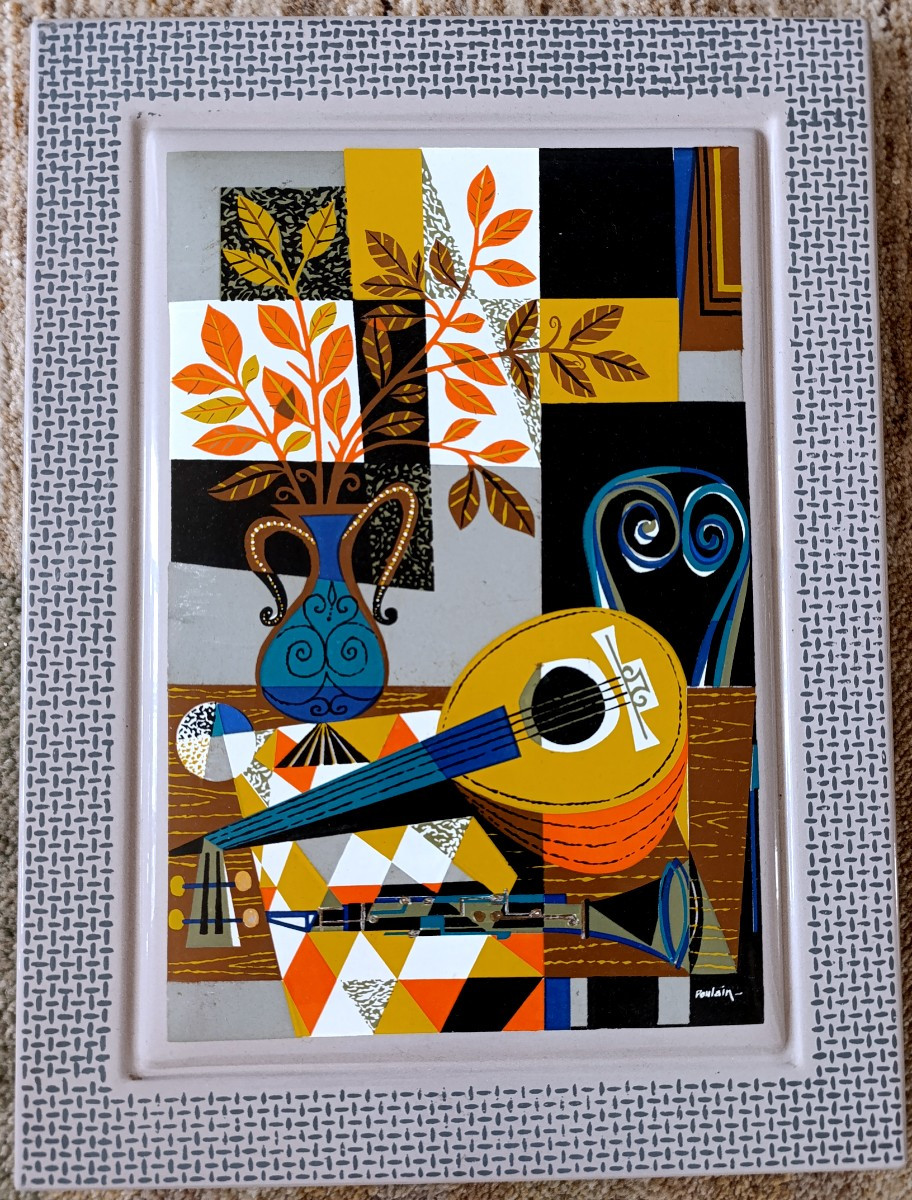 J. Poulain (20th Century), Enamelled Sheet Metal Plaque, Post-cubist, 1958, Nehaus, With Stand