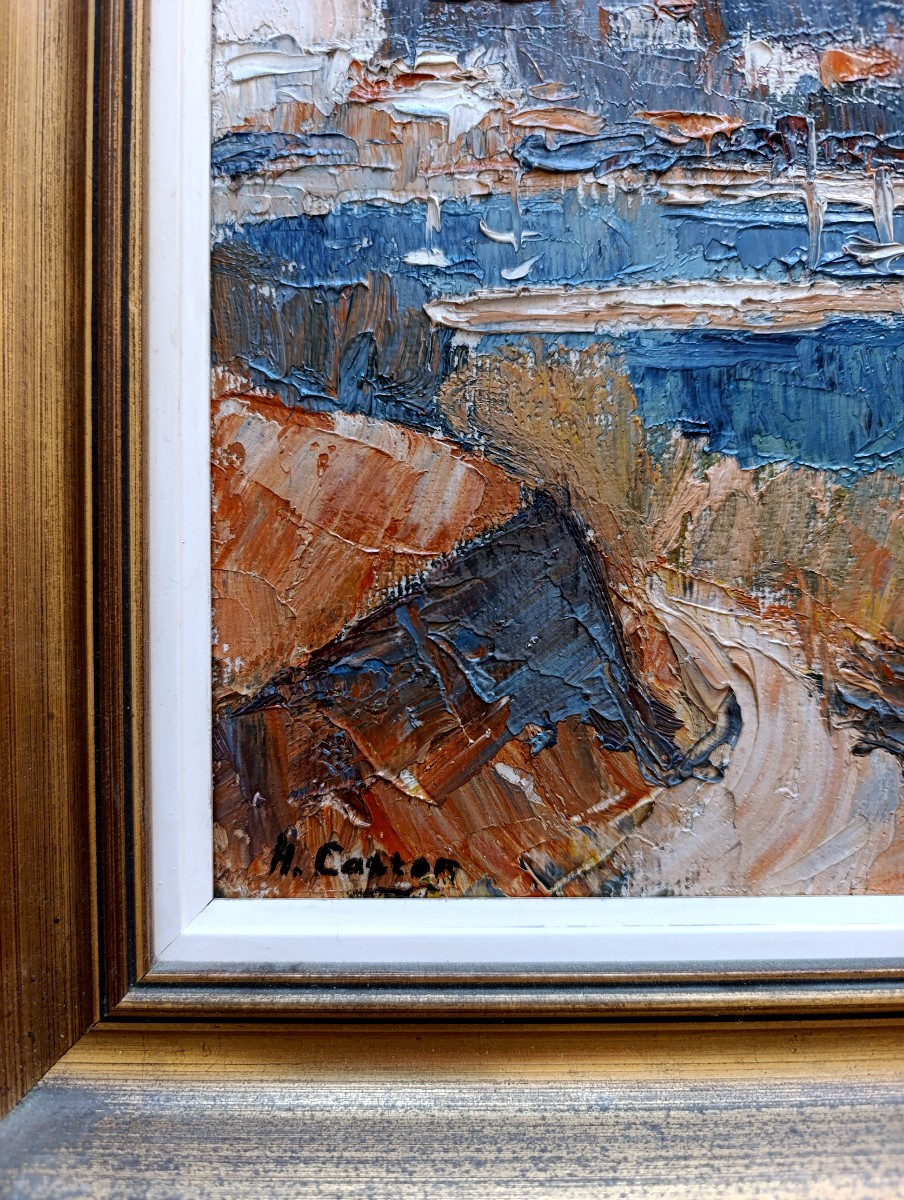 H. Caston (20th Century), Mediterranean Coastline, Oil On Cardboard, Signed, Framed-photo-3