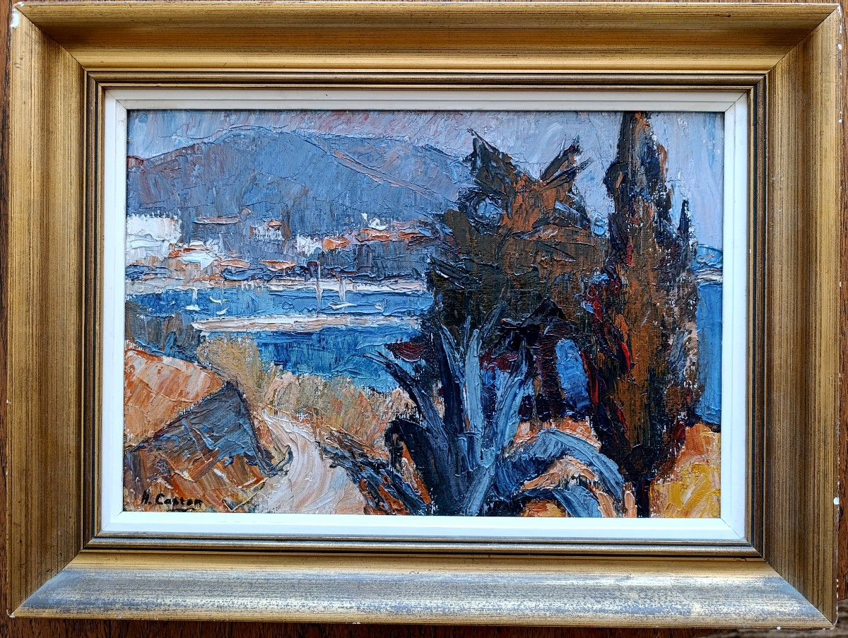 H. Caston (20th Century), Mediterranean Coastline, Oil On Cardboard, Signed, Framed-photo-3
