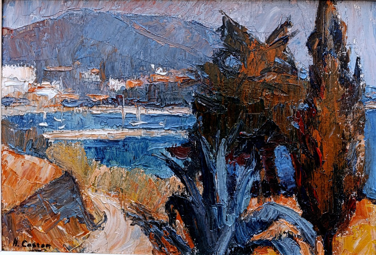 H. Caston (20th Century), Mediterranean Coastline, Oil On Cardboard, Signed, Framed