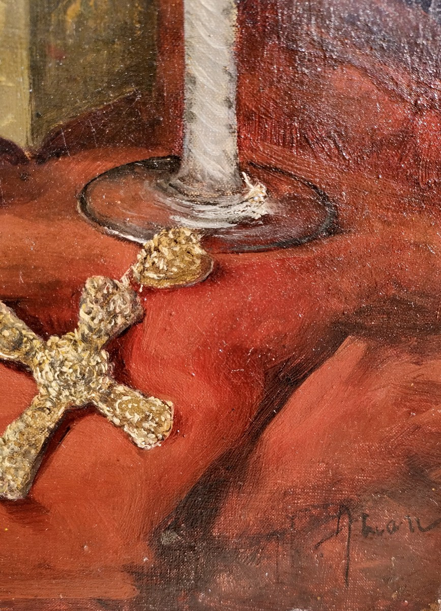 Ecole Française XIXème, Nature morte à l'éventail, huile sur toile encadrée-photo-2