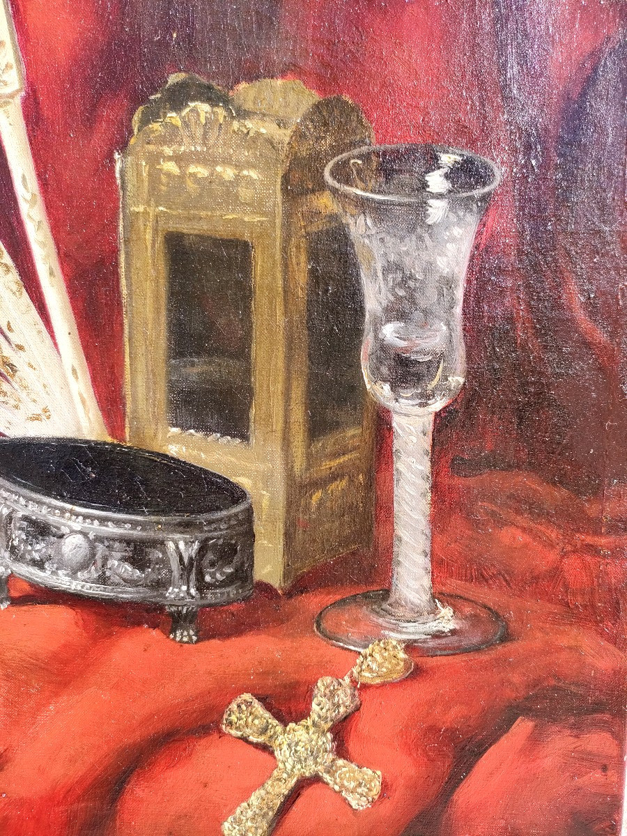 Ecole Française XIXème, Nature morte à l'éventail, huile sur toile encadrée-photo-2