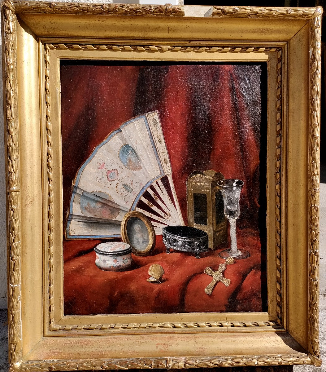 Ecole Française XIXème, Nature morte à l'éventail, huile sur toile encadrée-photo-3