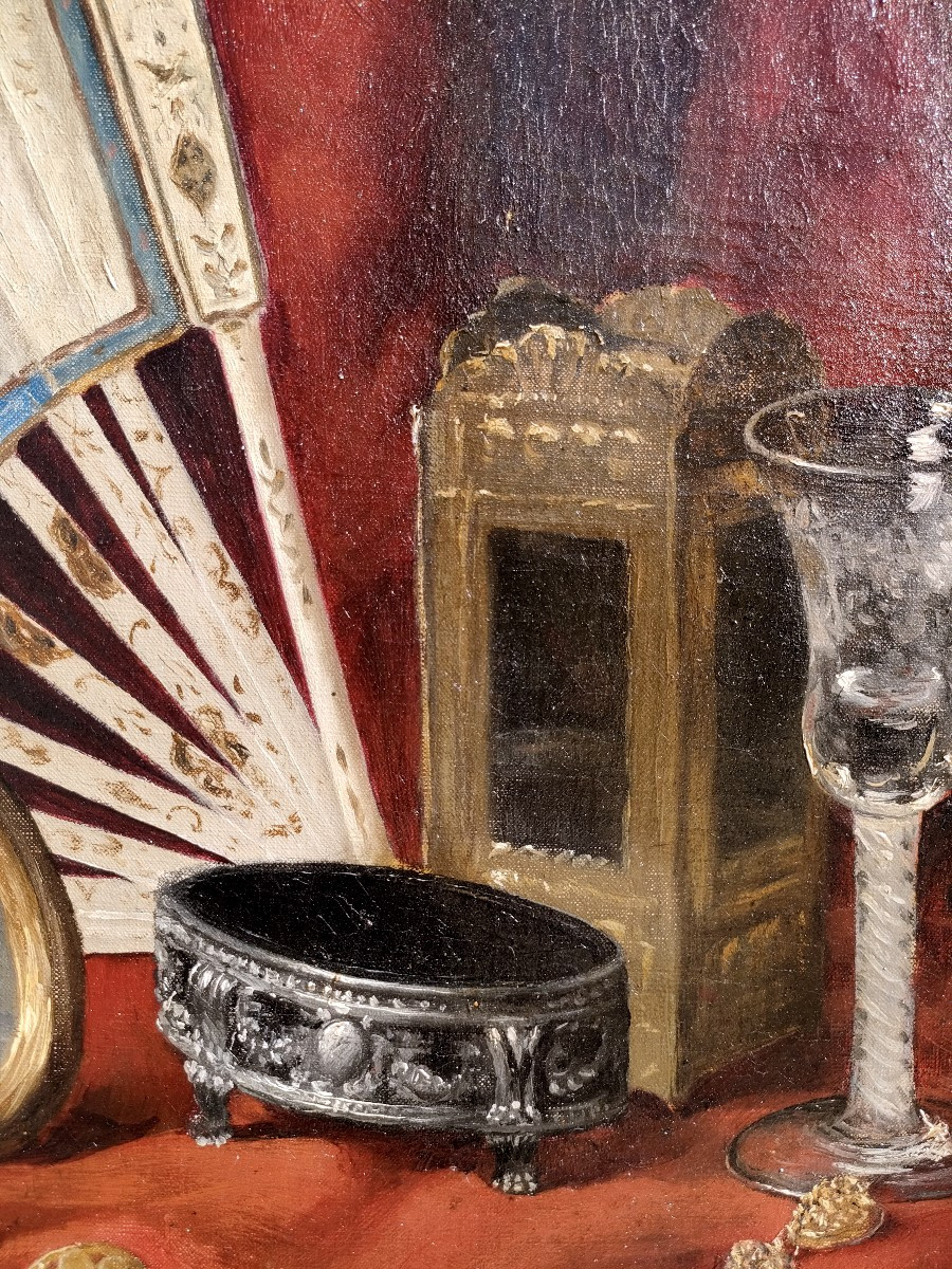 Ecole Française XIXème, Nature morte à l'éventail, huile sur toile encadrée-photo-4