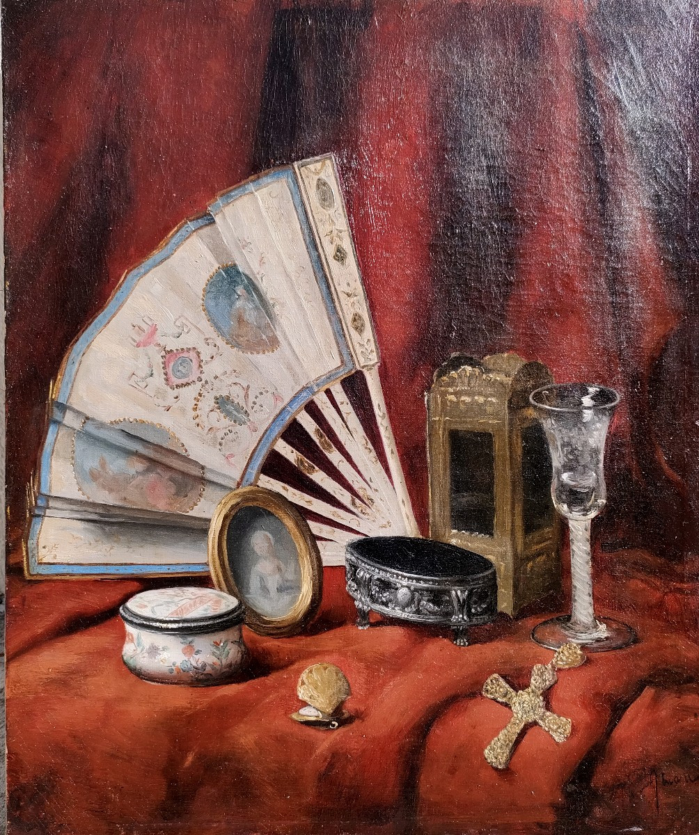 Ecole Française XIXème, Nature morte à l'éventail, huile sur toile encadrée