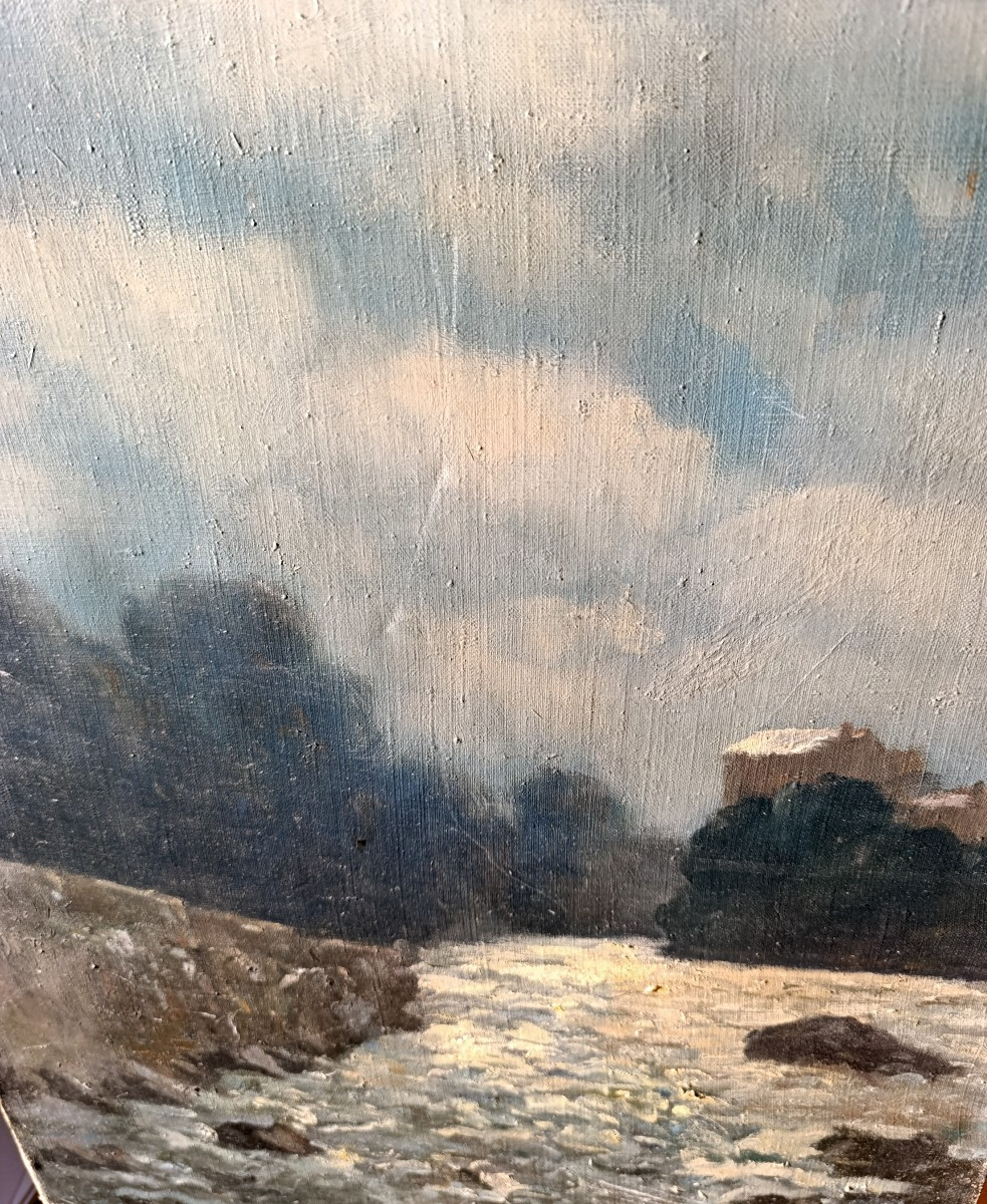 French School, 20th Century, The River In Winter, Oil On Canvas, Unsigned-photo-4