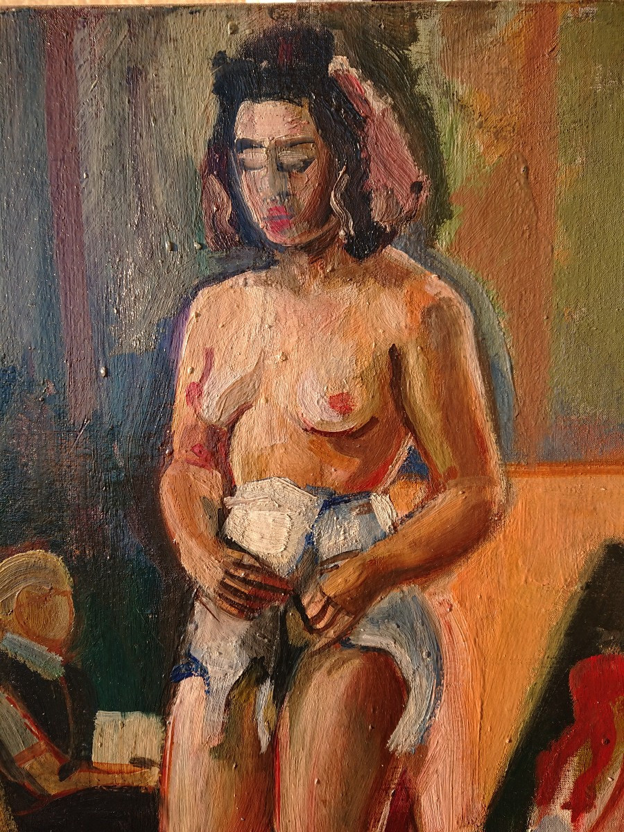 Janine MARCA (1921-2013), Grand nu dans l'atelier, huile sur toile signée, encadrée-photo-2