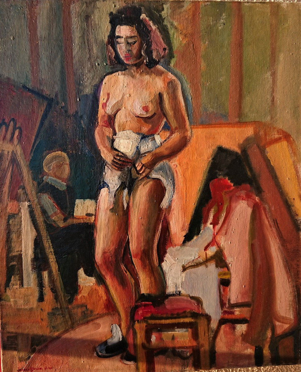Janine MARCA (1921-2013), Grand nu dans l'atelier, huile sur toile signée, encadrée-photo-1