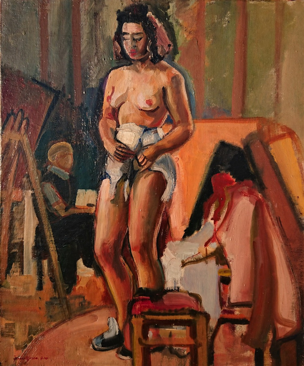 Janine MARCA (1921-2013), Grand nu dans l'atelier, huile sur toile signée, encadrée